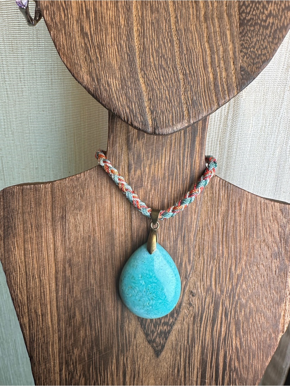 Handcrafted Green Coral Fossil Teardrop Pendant Necklace on Multicolor Rope - Picture 4 of 15